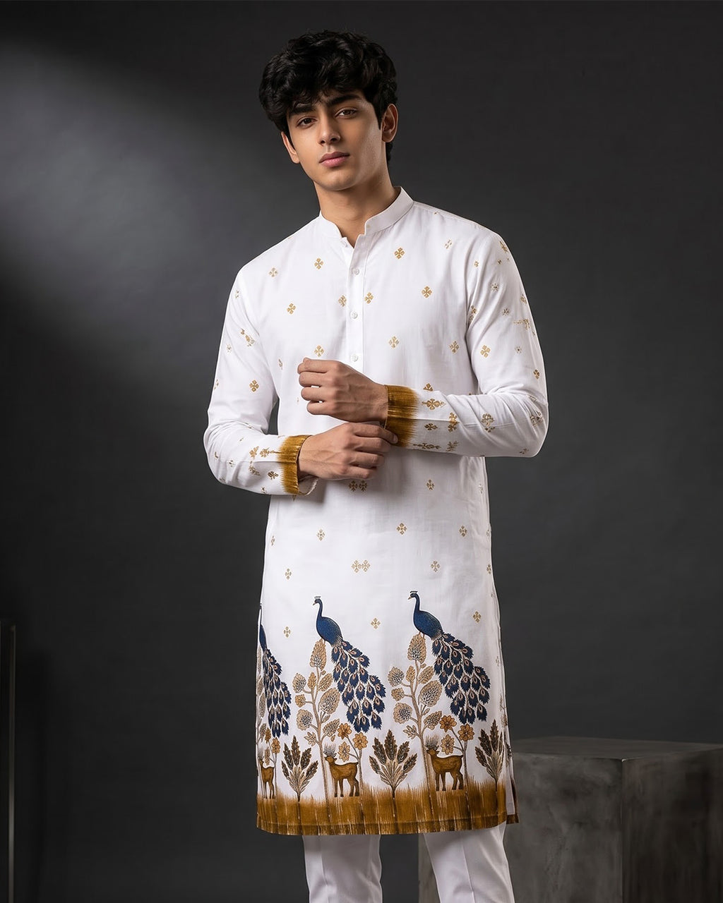 Men's Premium Printed Kurta Pajama Set | White Ethnic Wear for All Festive