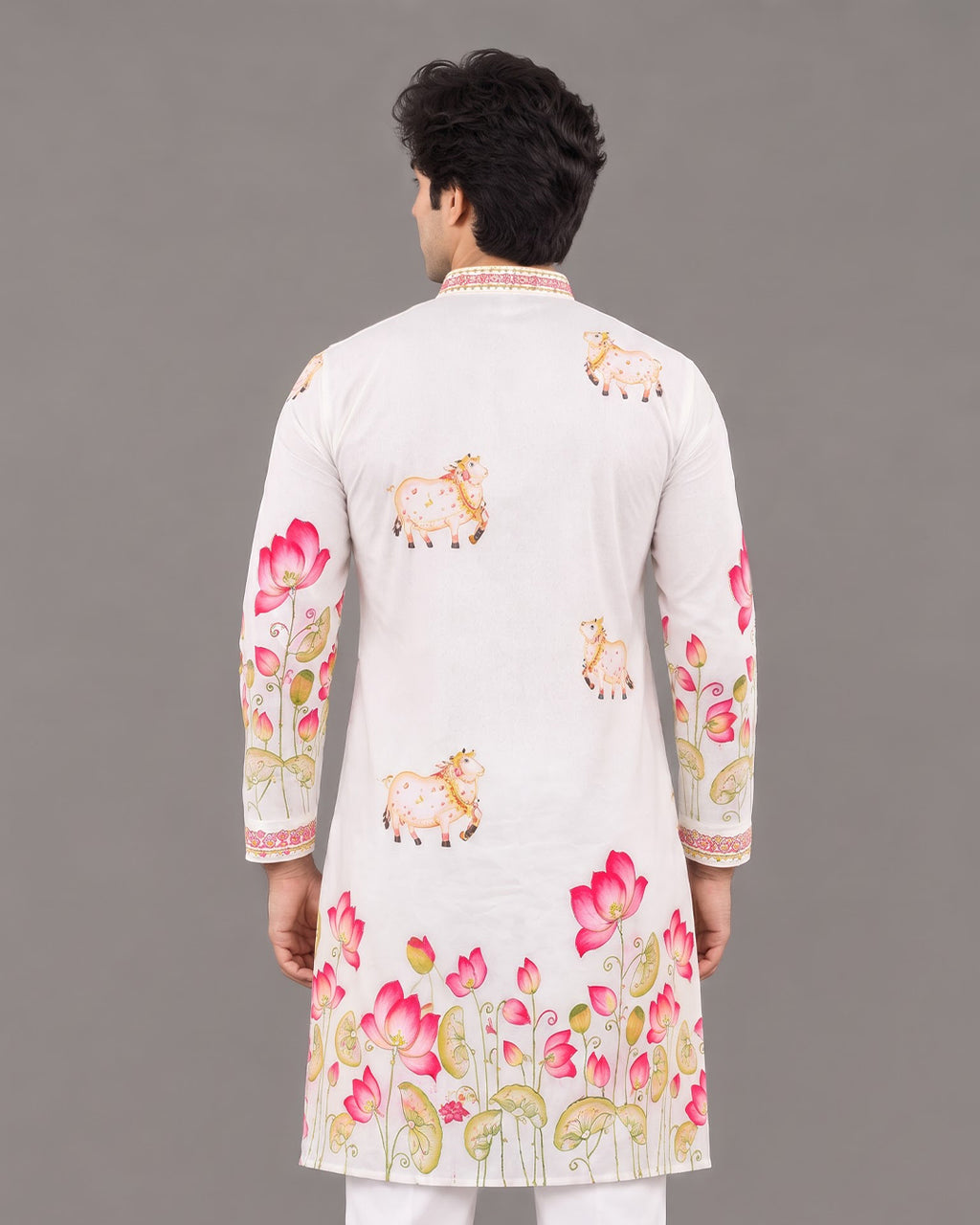 Men's White Floral Printed Cotton Kurta Pajama Set | Ethnic & Festive Wear