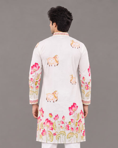Men's White Floral Printed Cotton Kurta Pajama Set | Ethnic & Festive Wear