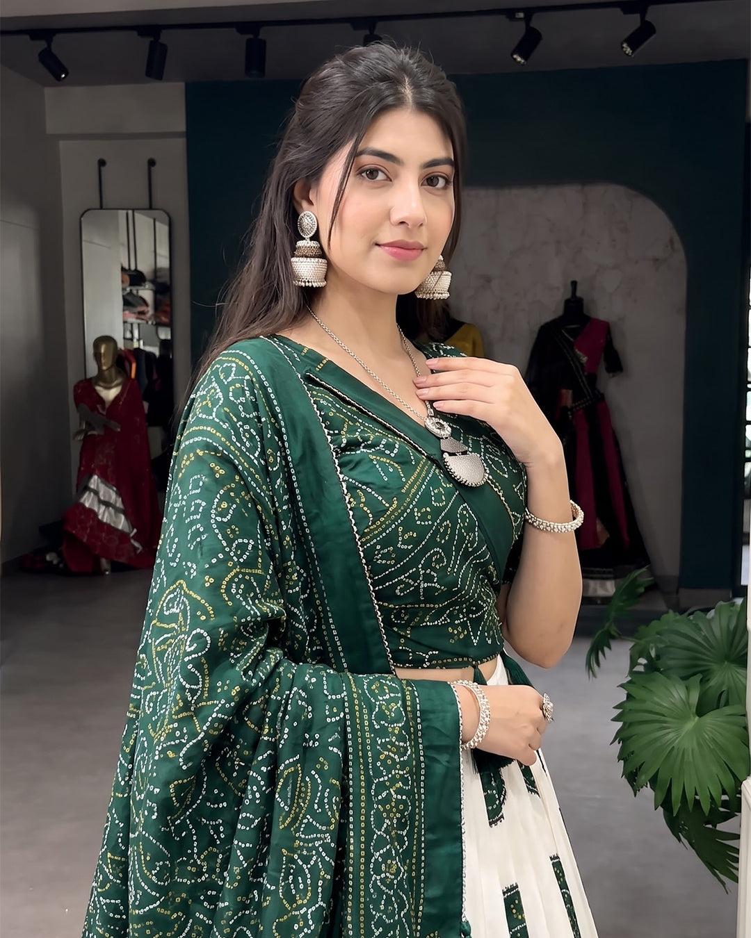 Green Patola Bandhani Print Navratri Lehenga Choli with Dupatta