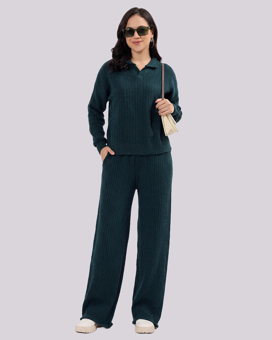 Women's Premium Ribbed Knit Winter Co-Ord Set | Polo Collar Sweater & Wide Leg Pants