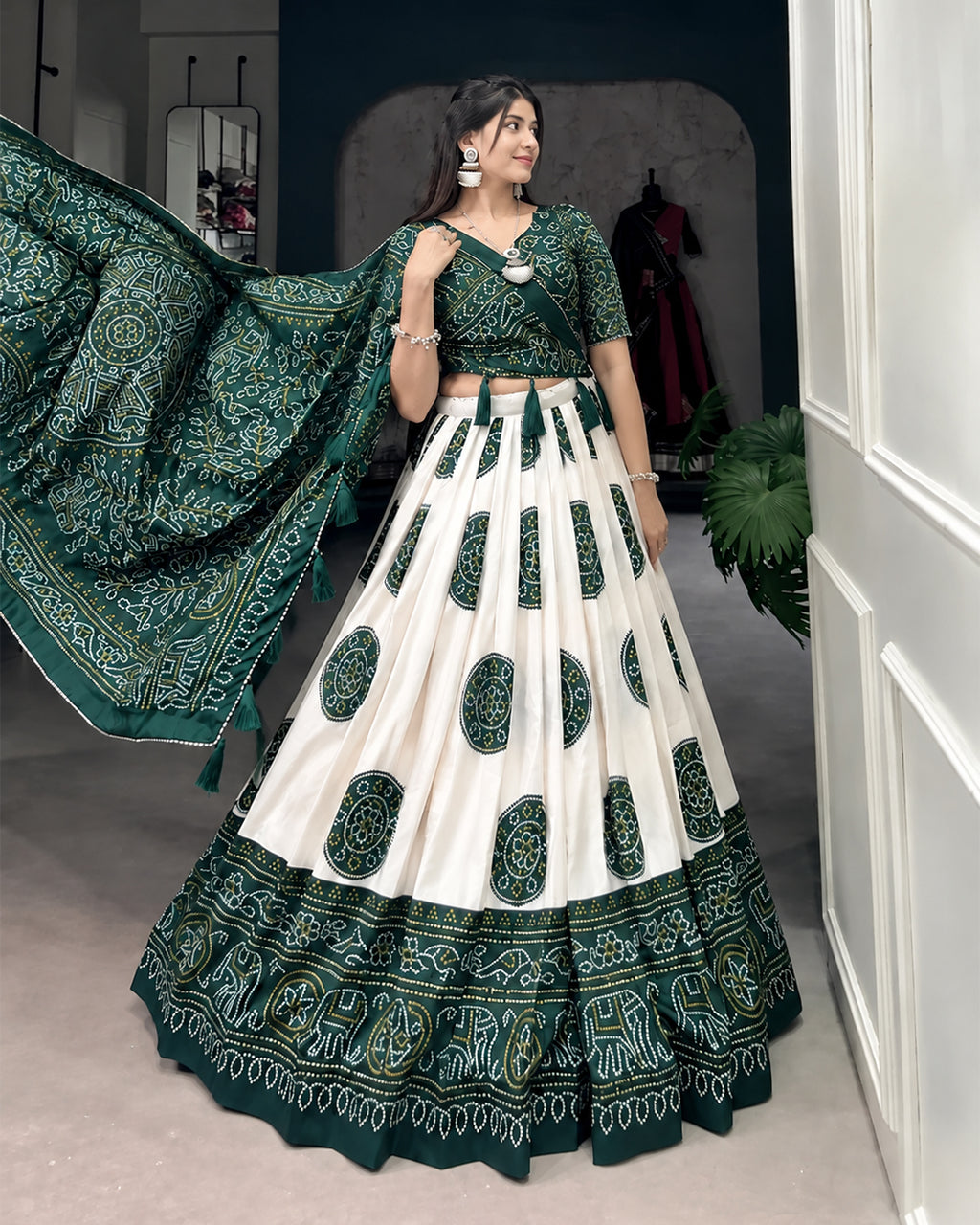 Green Patola Bandhani Print Navratri Lehenga Choli with Dupatta