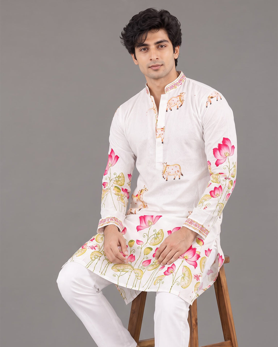 Men's White Floral Printed Cotton Kurta Pajama Set | Ethnic & Festive Wear