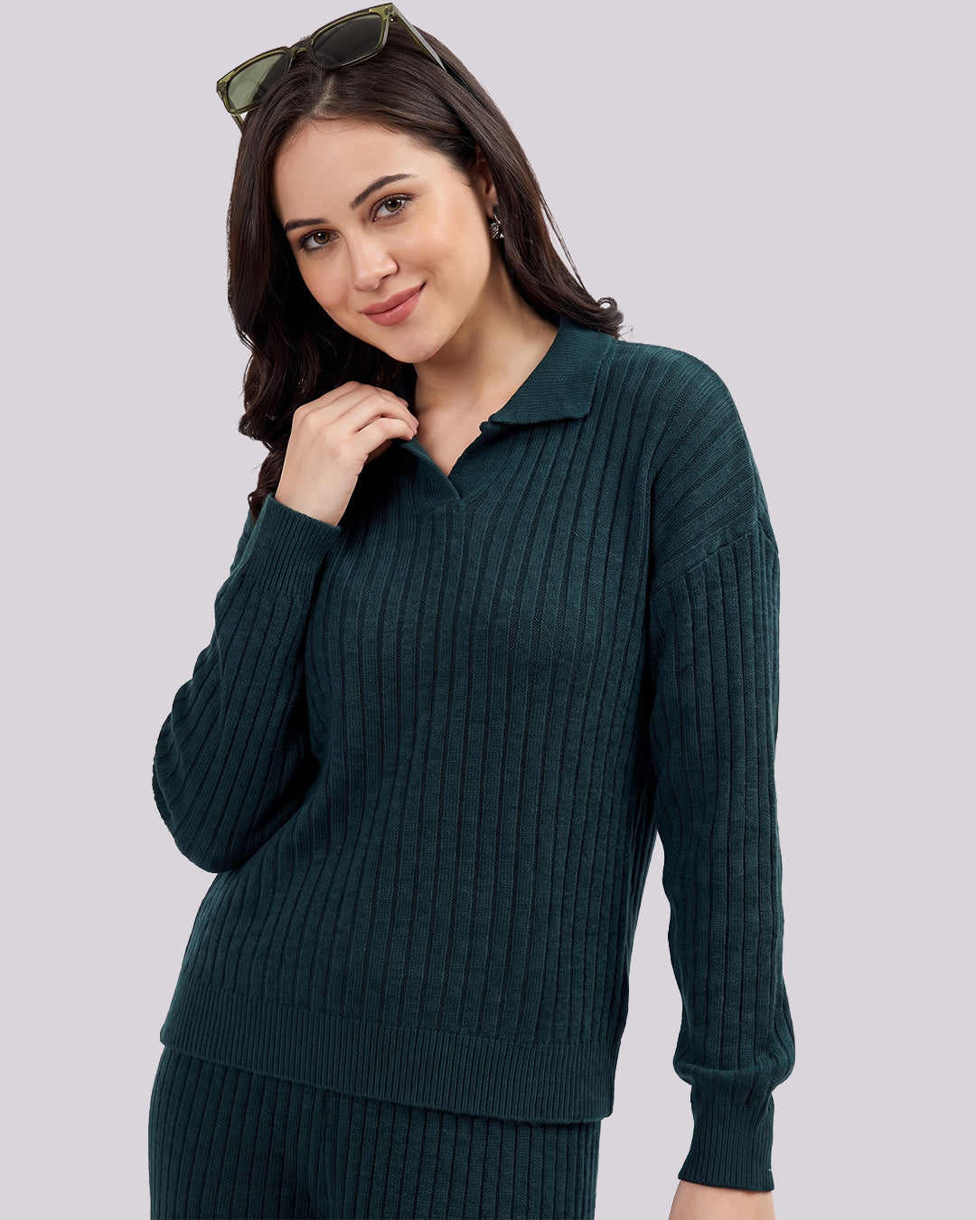 Women's Premium Ribbed Knit Winter Co-Ord Set | Polo Collar Sweater & Wide Leg Pants