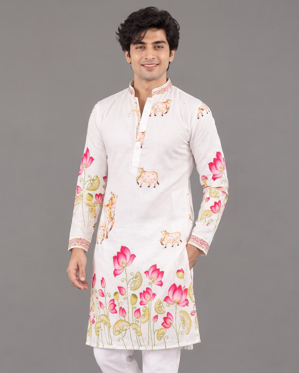 Men's White Floral Printed Cotton Kurta Pajama Set | Ethnic & Festive Wear