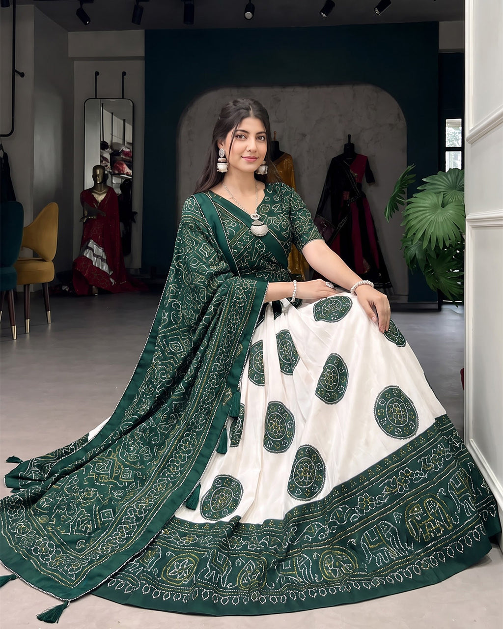 Green Patola Bandhani Print Navratri Lehenga Choli with Dupatta