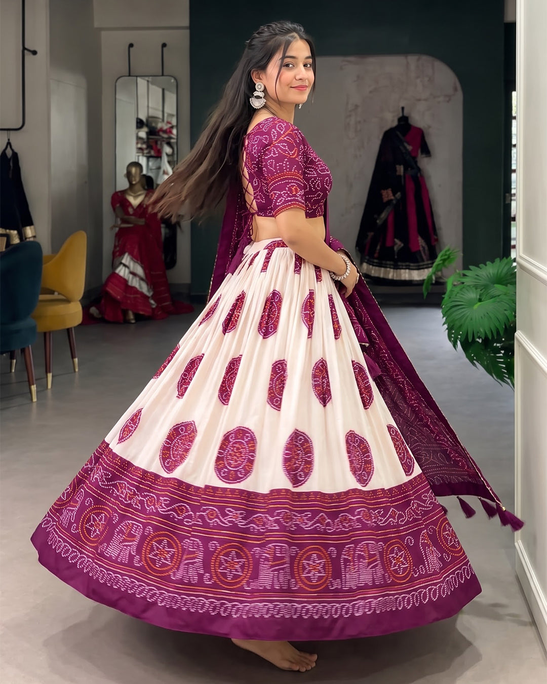 Women's Patola Bandhani Print Navratri Lehenga Choli Set with Dupatta