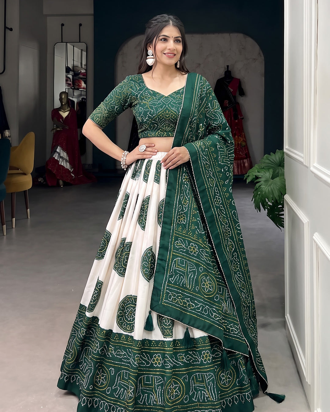 Green Patola Bandhani Print Navratri Lehenga Choli with Dupatta