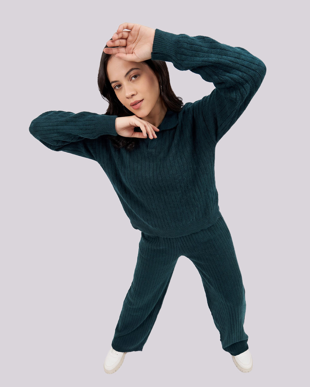 Women's Premium Ribbed Knit Winter Co-Ord Set | Polo Collar Sweater & Wide Leg Pants